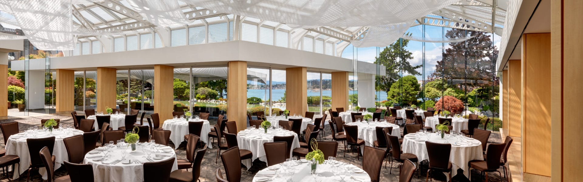 Terrace Blarrom set for dinner, views of the garden and Victoria's outer harbour