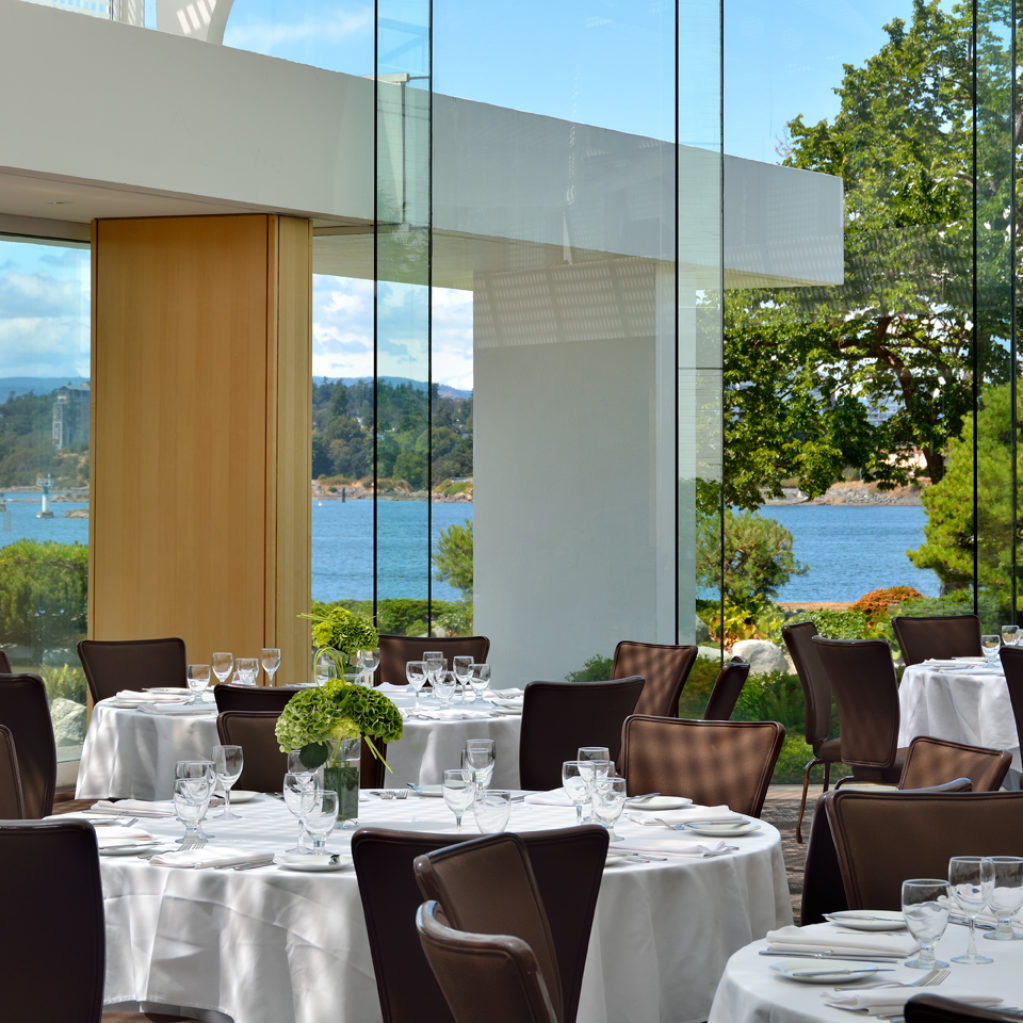Close up of Terrace Blarrom set for dinner, views of the garden and Victoria's outer harbour