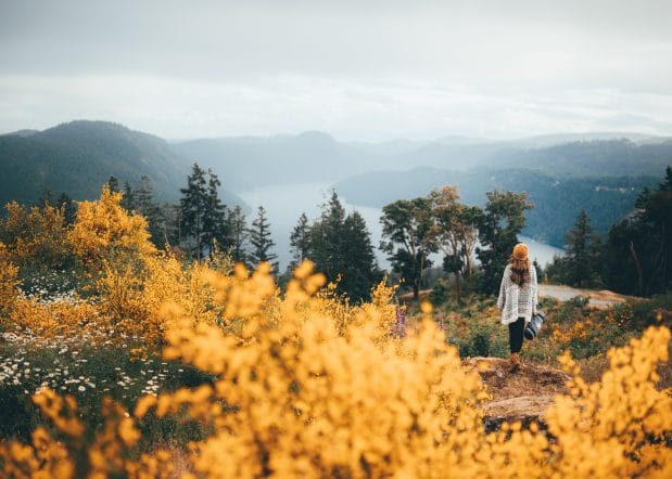 Lady walking on a hill with a lot of orange leaves on bushes, overlooking foggy mountains and water