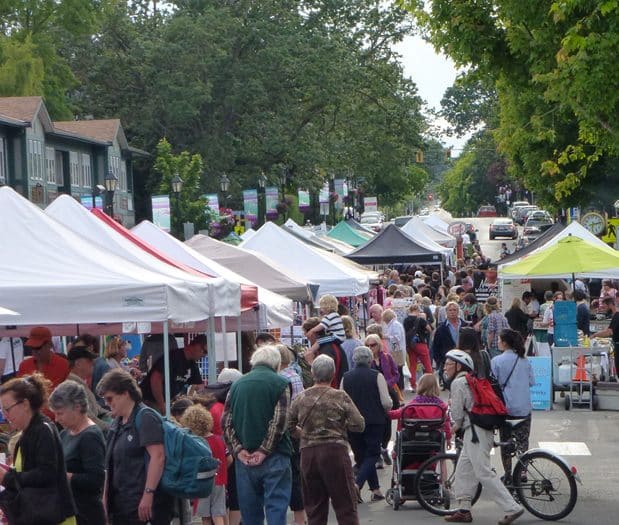 oak bay street filled with market kiosks courtesy Tourism Victoria
