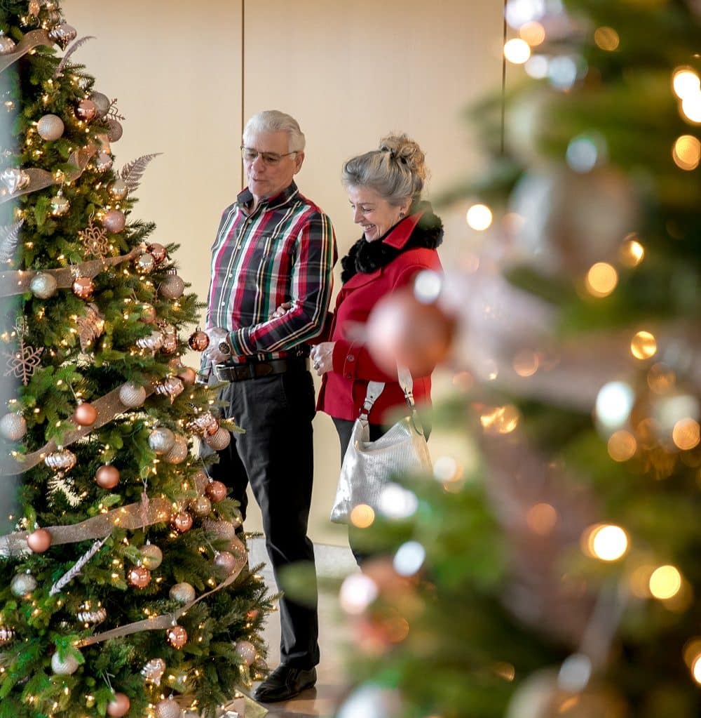 couple admiring christmas tree in marble lobby