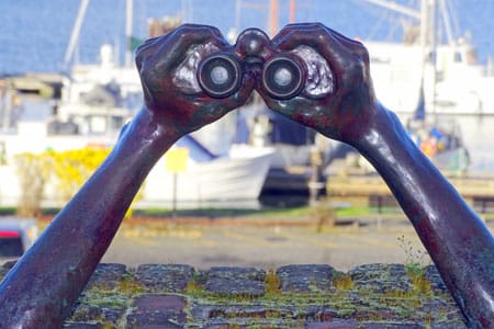 sculpture of hands holding a pair of binoculars, looking out to the ocean, photo credit: Penny Pitcher