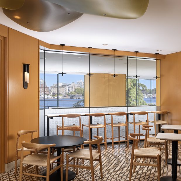 inside of Duo Cafe Bakery, looking out at the view of the harbour